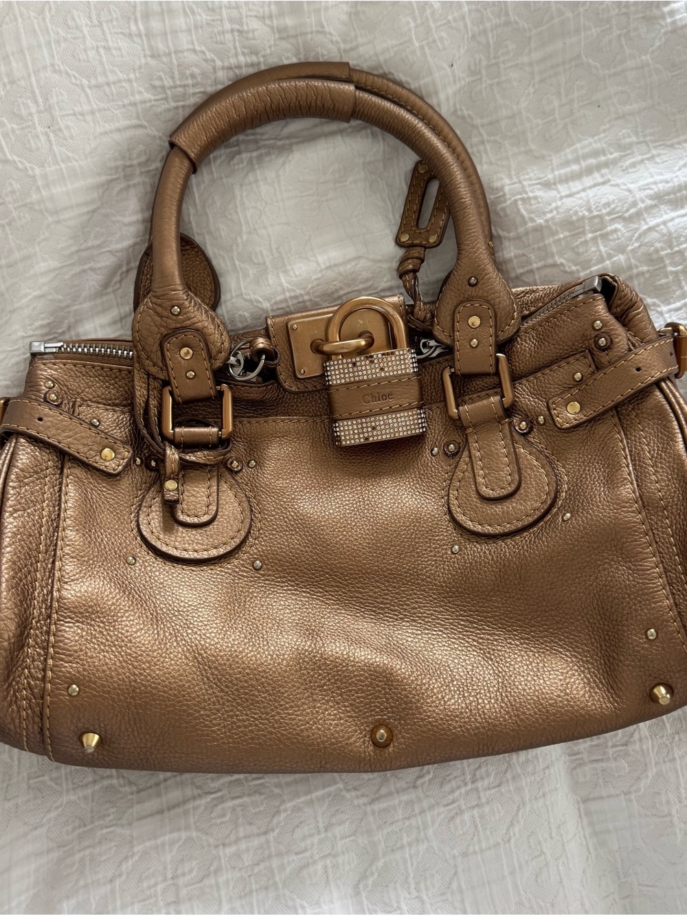RARE Vintage Chloé Paddington Bag – Bronze Leather, swarovski Padlock & key